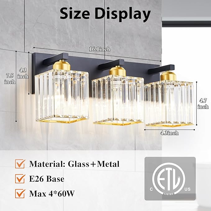 Black Gold 3-Crystal Bathroom Vanity Lights Bundle (Round + Square) - Over Mirror Makeup Lighting for Modern, Farmhouse Baths, Desks & Hallways