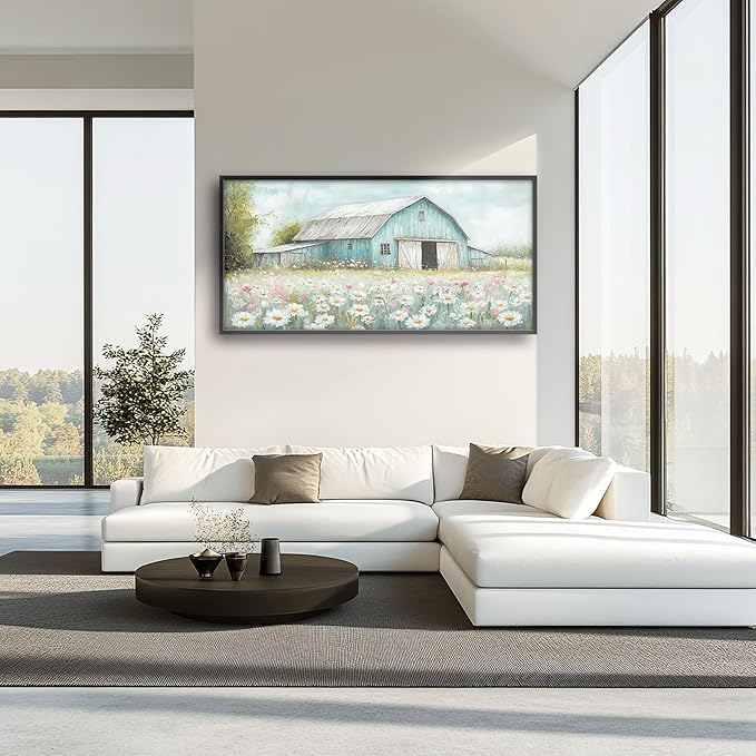 Farm Barn Large Wall Art for Living Room Framed, Farmhouse Wall Decor Pictures, Teal Barn Canvas Print Painting, Aesthetic Artwork Bedroom Office Home Decor 60"x30"