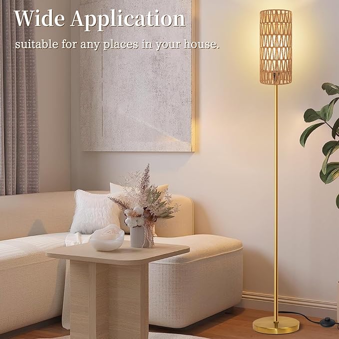 Floor Lamp for Living Room,Farmhouse Rattan Floor lamp,Modern Standing lamp with 3 Color LED Bulb,Gold Tall Lamp with Foot Switch