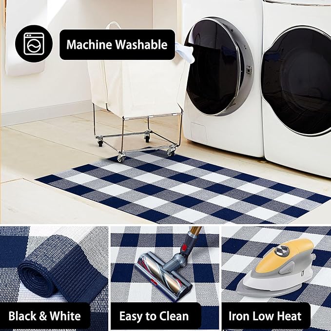 KOZYFLY Buffalo Plaid Area Rug 4 x 6 Ft Navy and White Checkered Rug Washable Outdoor Rugs Cotton Rugs for Bedroom Front Door Mat Carpet for Front Porch Living Room Dining Room Kitchen