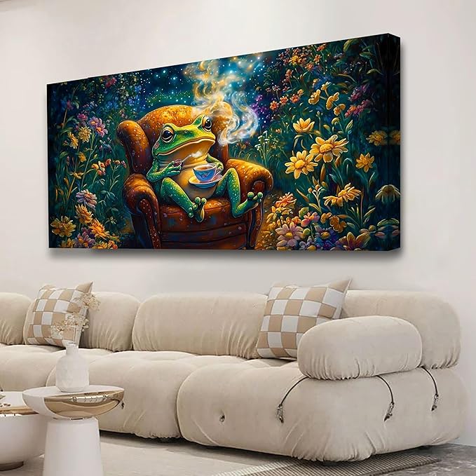 Garden Frog Sipping Tea Picture Print Canvas Wall Art Living Room Office Bedroom Wall Decoration Fantasy Wall Art Prints Modern Green Blue Landscape Artwork Waterproof Ready to Hang - 20x40 inches