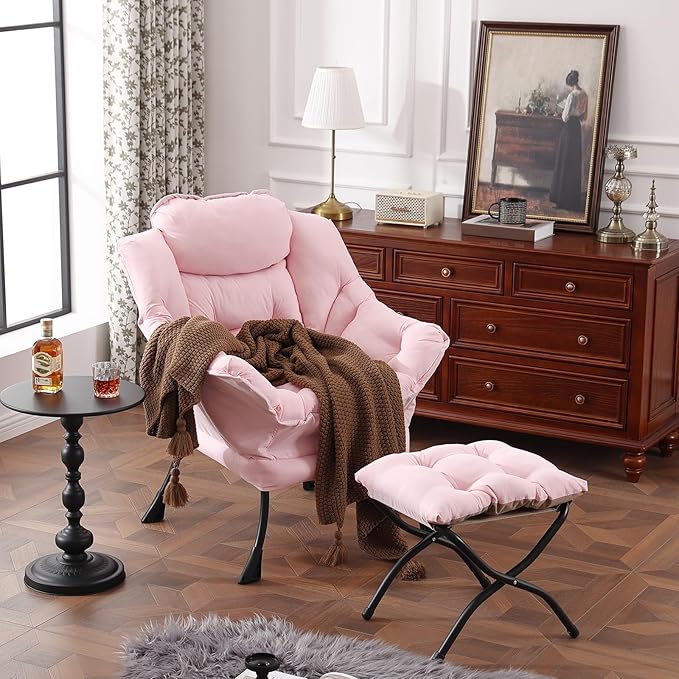 Lazy Chair with Ottoman, Modern Chair with Folding Footrest, Lounge Accent Chair, Comfortable Reading Chair, Oversized Armchairs for Bedroom, Study, Living Room, Courtyard (Pink