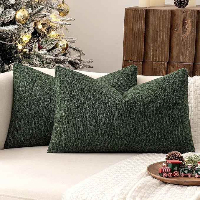MIULEE 12x20 Inch Decorative Lumbar Throw Pillows for Bed Set of 2 Textured Boucle Neutral Throw Pillow Covers Dark Green Accent Solid Pillowcase Cozy Soft Sofa Livingroom Home Decor