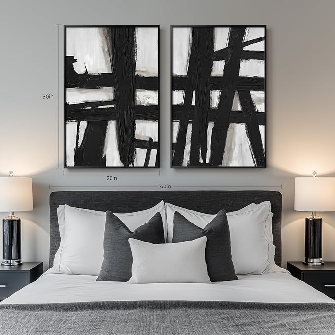 Large Framed Black and White Abstract Wall Art, 2 Piece Modern Canvas Prints Paintings Artwork for Walls, Minimalist Black Lines Pictures for Living Room Hallway Bedroom Office Wall Decor