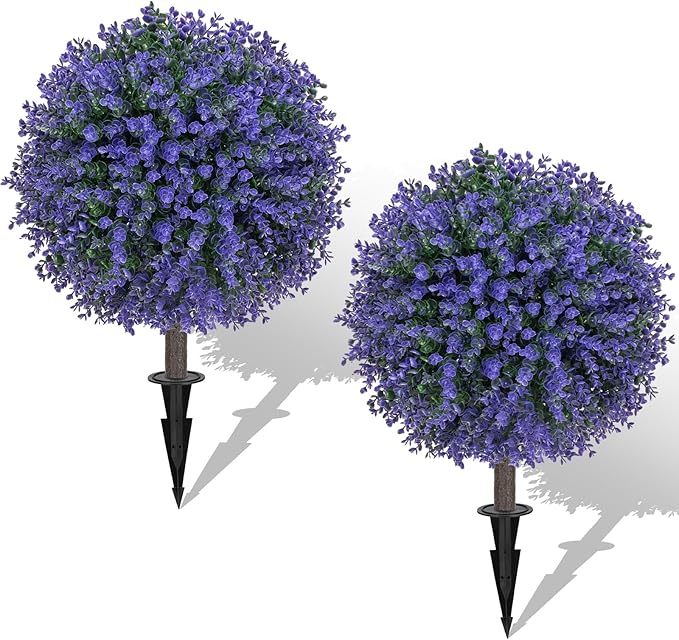 Set of 2 Artificial Purple Boxwood Topiary Ball Bush for Outdoor with Ground Spike 22", UV Resistant Faux Greenery Shrubs, Fake Purple&Green Boxwood Plants for Garden, Yard, Porch, Patio Decor