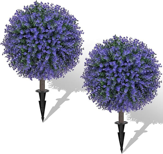 Set of 2 Artificial Purple Boxwood Topiary Ball Bush for Outdoor with Ground Spike 22", UV Resistant Faux Greenery Shrubs, Fake Purple&Green Boxwood Plants for Garden, Yard, Porch, Patio Decor
