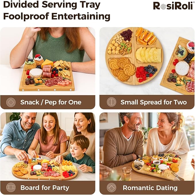 Charcuterie Board and Serving Set -Natural Bamboo Cheese Board Snack Tray Set with Magnetic - House Warming Gifts New Home, Wedding Gift for Couple, Bridal Shower Gift, Perfect for Party