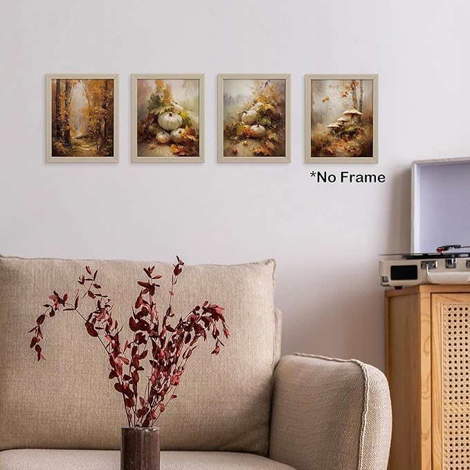 TLESKE Fall Vintage Forest Landscape Posters Prints Unframed 8x10 Set of 4, Autumn Pumpkins Mushroom Wall Art Prints Decor for Farmhouse Bedroom Living Room, Cottagecore Rustic Wall Pictures