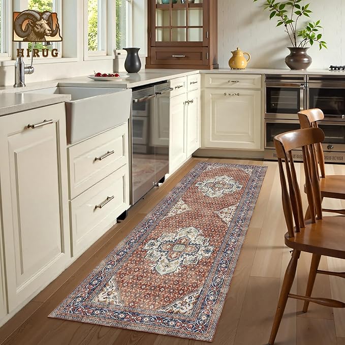 Washable Area Rug 2'6'' x 8' Vintage Traditional Persian Mat - Foldable Distressed Non-Slip Machine Washable Carpet for Living Room Bedroom Kitchen Home Decor - Terracotta and Navy