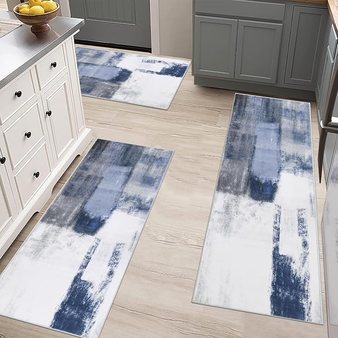 Pauwer Kitchen Mats for Floor 3 Piece Set Boho Non Slip Kitchen Rugs Washable Farmhouse Kitchen Floor Mats Thick Long Kitchen Throw Area Rug Carpet Runner for Hallway Entryway Laundry Bathroom, Blue