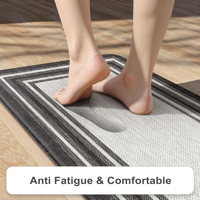 KIMODE Anti Fatigue Kitchen Mat, Cushioned Farmhouse Kitchen Runner, Non Slip Waterproof Kitchen Mat for Floor, Comfort Foam Standing Desk Mat for Laundry, Office, Sink Black 17.3"x59"