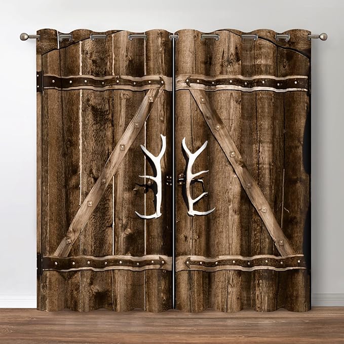 Jekeno Rustic Wooden Blackout Curtains Brown Wood Door of Farmhouse Village Rural Retro Decor for Bedroom Living Room Darkening Grommet Window Drapes 2 Panel Set, 42"x84"