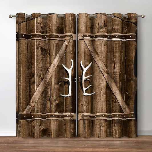 Jekeno Rustic Wooden Blackout Curtains Brown Wood Door of Farmhouse Village Rural Retro Decor for Bedroom Living Room Darkening Grommet Window Drapes 2 Panel Set, 52"x84"