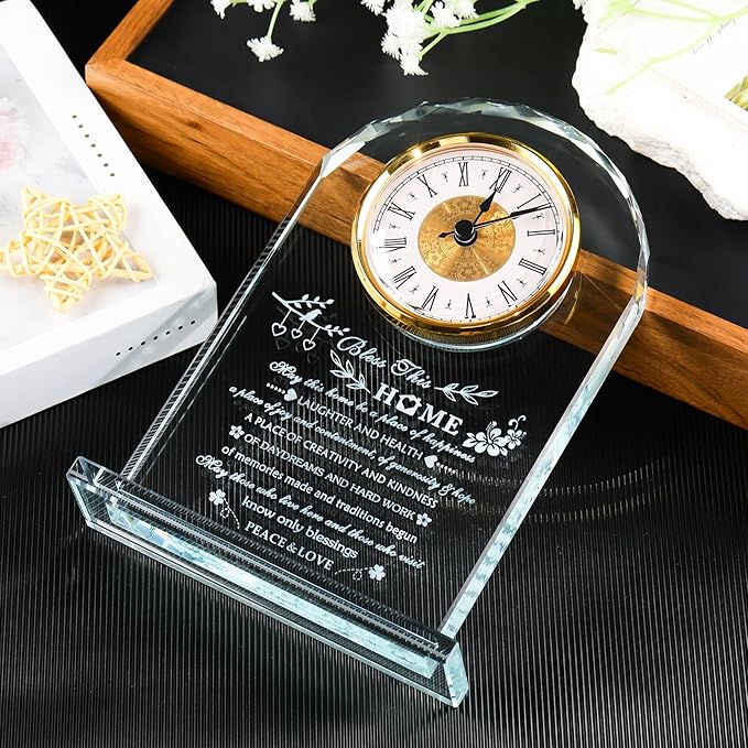 YWHL House Warming Gifts New Home Crystal Glass Clock Housewarming Gifts for Women Men Best Housewarming Gift Ideas Home for Couple Presents House Blessing Warming Gifts New Apartment