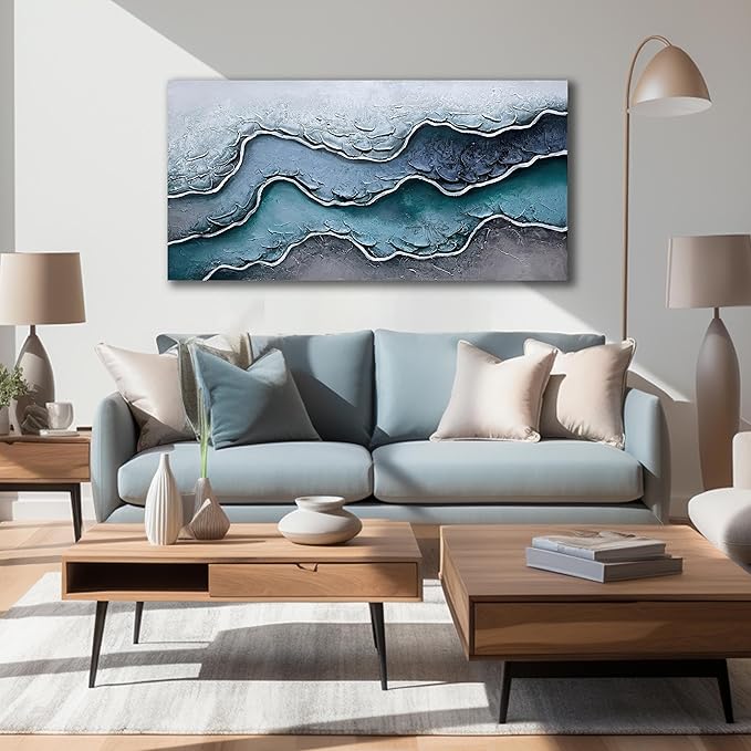 Beach Oil Painting Wall Art for Office Blue and White Wall Decor for Bedroom Wall Pictures for Living Room Size 24 x 47 Inch