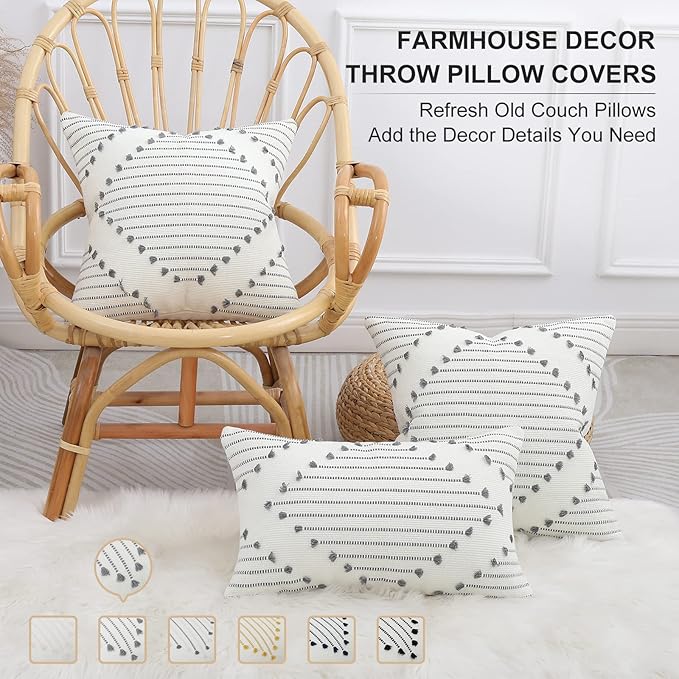 Mecatny Boho Outdoor Throw Pillow Covers 12X20 Set of 2, Farmhouse Lumbar Pillow Covers for Couch Sofa Living Room, Grey & Cream White