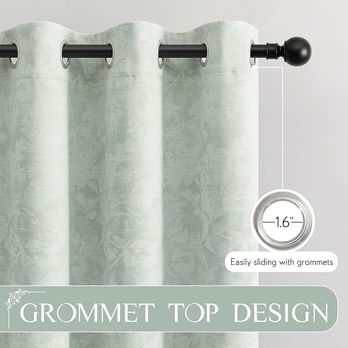 Beauoop Green Floral Jacquard Blackout Curtains 63 Inches Long 2 Panels for Bedroom Living Room Sage Flower Chenille Room Darkening Thermal Insulated Soundproof Grommet Window Treatments Drapes, 52x63