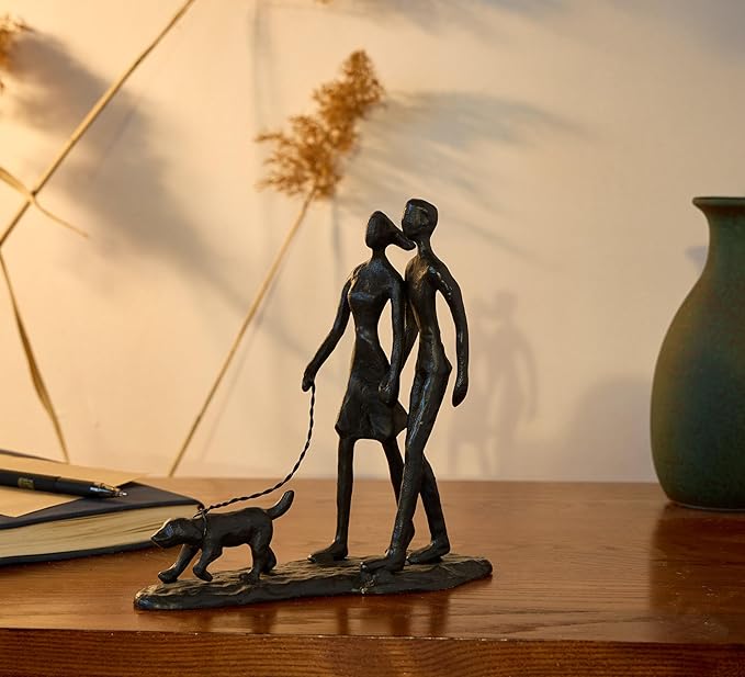 Couple and Dog Cast Iron Sculpture, Romantic Couple Love Metal Art Decor, Family Love Statue, Dog Lover Gifts for Couple