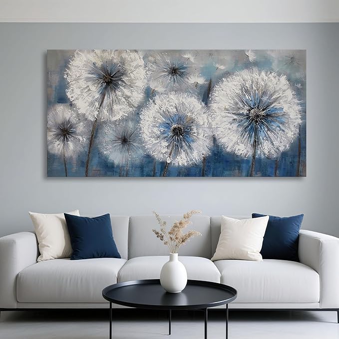 Dandelion Wall Art Blue Large Picture for Living Room Canvas Art Wall Decor Above Bed White Flower Artwork for Walls Wall Paintings Modern Art Aall Decor Framed Wall Art for Bedroom 29×58IN