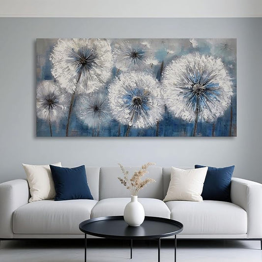 Dandelion Wall Art Blue Large Picture for Living Room Canvas Art Wall Decor Above Bed White Flower Artwork for Walls Wall Paintings Modern Art Aall Decor Framed Wall Art for Bedroom 29×58IN