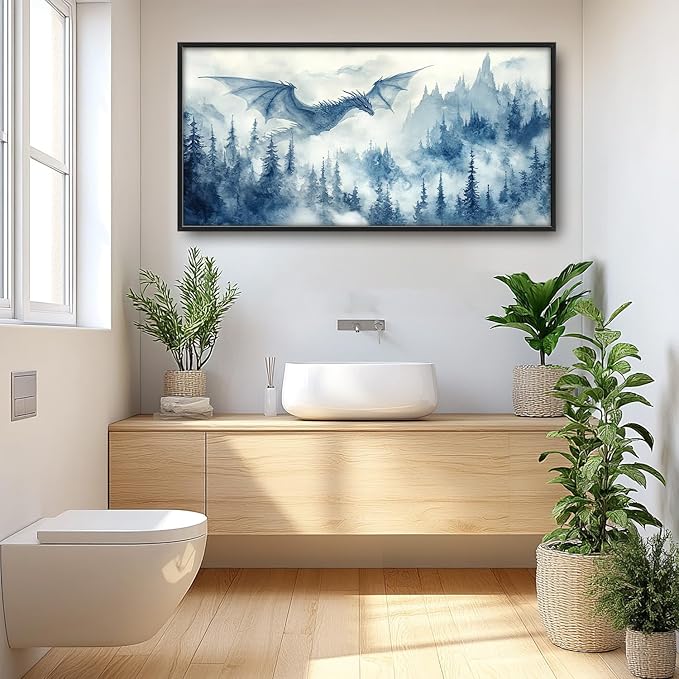 Flintis Large Dragon Framed Wall Art Forest Dragon Pictures Wall Decor Abstract Fantasy Wild Animal Canvas Painting Print Artworks Decor Framed for Living Room Bathroom Master Bedroom 60L X 30W