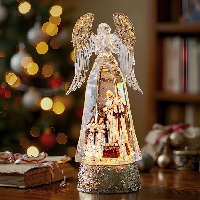 Christmas Snow Globe Lantern Water Glittering Angel & Nativity with Music & Timer, USB Lined/Battery Operated Lighted Lantern for Christmas Festival Decoration Gifts