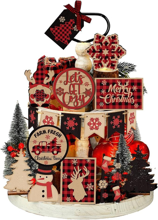 17 Pcs Christmas Tiered Tray Decor Set Winter Tiered Tray Decorations Farmhouse Tabletop Centerpiece Christmas Wooden 3D Sign for Xmas Home Buffalo Plaid Rustic Table Decoration(Retro)