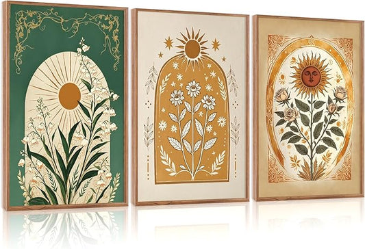 CHDITB Bohemian Sun Floral Framed Canvas Wall Art Set, Mystical Nature Wall Decor, Celestial Sun Art Prints, Vintage India Posters For Wall Modern Art Sunroom Living Room Office Art Prints 24"x36"x3