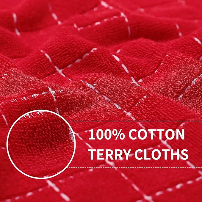 Homaxy 100% Cotton Terry Kitchen Towels(Red, 13 x 28 inches), Checkered Designed, Soft and Super Absorbent Dish Towels, 8 Pack