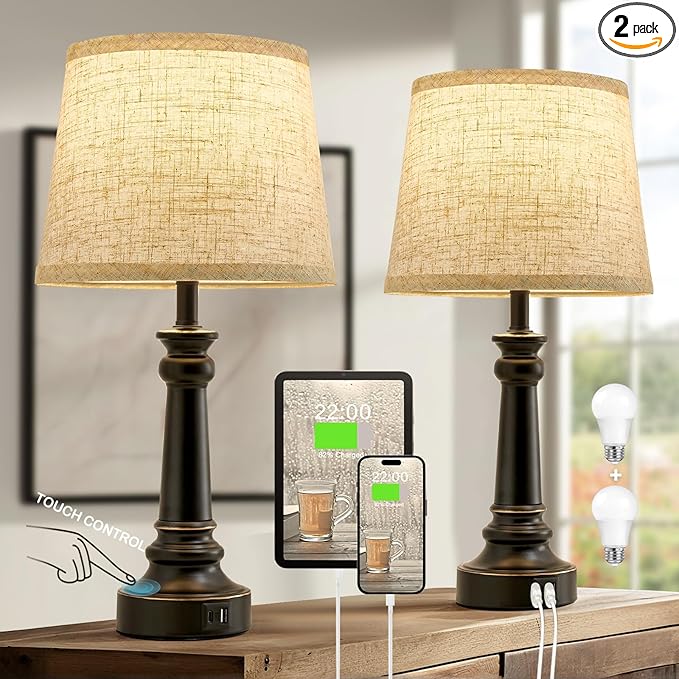 Touch Lamps for Nightstand Set of 2 - Black Table Lamp for Bedroom 3 Way Dimmable Bedside Lamp with USB C+A Ports - Lamps for Night Stands Living Room End Table,2 LED Bulbs Included