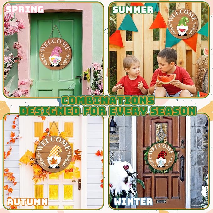 Qunclay Interchangeable Wooden Gnome Decor Holiday Seasonal Gnome Decorations with Magnet Pieces and Detachable Hats Changeable Welcome Sign for Home(Simple Style)