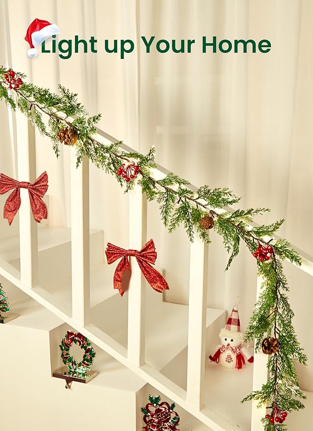 Brightown Christmas Garland with Lights, 6Ft 20 LED Lighted Cypress Leaves Garland Decorated with Pine Cones, Berry, Battery Operated Christmas Lights for Mantle Fireplace Stairs Wall Table, 2 Pack