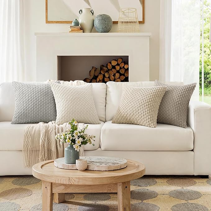 MIULEE Throw Pillow Covers Soft Couch Decorative Set of 4 Boho Striped Cushion Corduroy Pillowcases Farmhouse Rustic Mid Modern Home Decor for Couch Bed Sofa Living Room 20x20 Inch Neutral Harmony