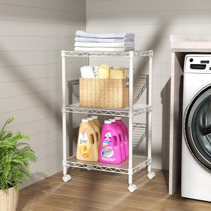 SINGAYE 3 Small Shelves Storage Shelf Wire Shelving Unit Metal Shelf Adjustable Organizers Storage Shelving with Wheels for Bathroom Laundry Room Kitchen Pantry