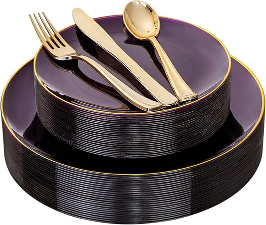 YOUBET 125PCS Purple Plastic Plates - Purple Disposable Plates With Gold Rim - Include 50 Dinner & Dessert Plate, 75 Gold Cutlery Perfect for Wedding Parties