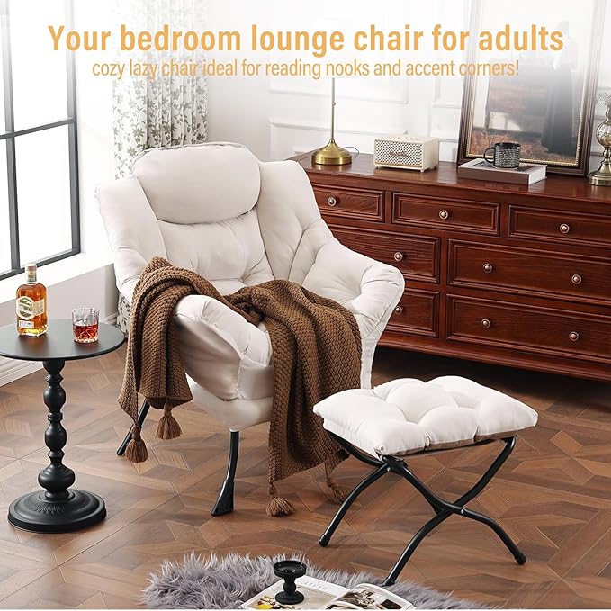 Lazy Chair with Ottoman, Modern Chair with Folding Footrest, Lounge Accent Chair, Comfortable Reading Chair, Oversized Armchairs for Bedroom, Study, Living Room, Courtyard (Beige