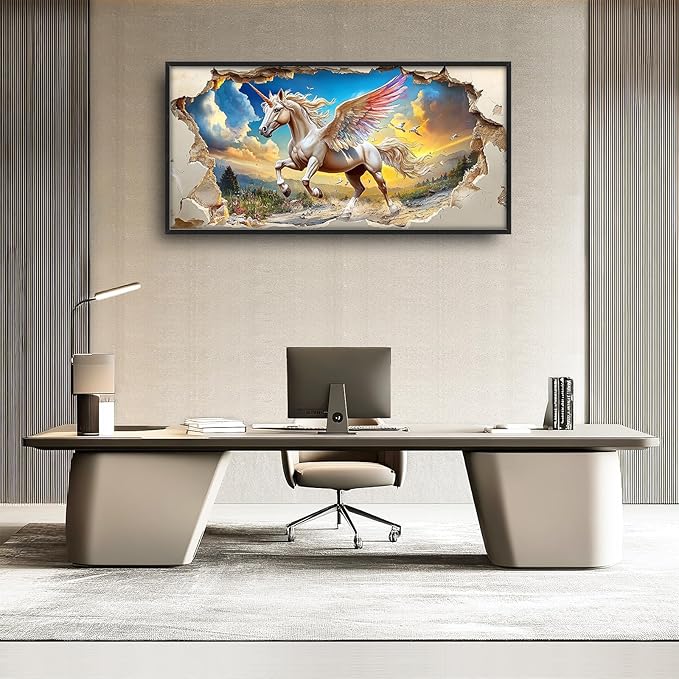Framed Large Wall Art for Living Room, Unicorn Canvas Wall Decor, Large White Horse Pictures Framed Painting, Natural Landscape Artwork for Bedroom Office Home Decor 60L'' × 30W''