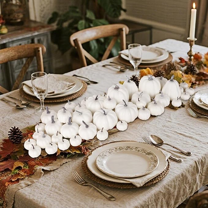 winemana 46 Pcs Assorted Size Artificial Pumpkins Fall Decorations, White Foam Pumpkin Autumn Decor, Decorative Faux Pumpkin for Halloween Thanksgiving Table Centerpiece Mantle Bowl Wedding Party