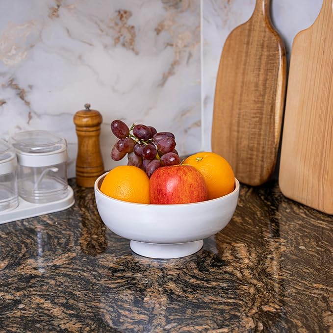 PEMAR 8" Lacquer Bamboo Fruit Bowl for Kitchen Counter, Handmade Large Decorative Pedestal Bowl for Entryway Table Home Decor, Key Bread Candy Snacks Organizer (White Cream)