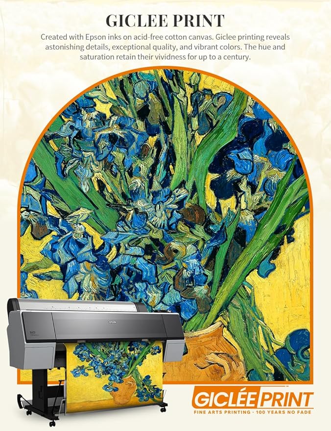 DECORARTS - Irises Vase Flower, Vincent Van Gogh Art Reproduction. Acid Free Cotton Canvas Giclee Print w/Bronze Frame&Mat for Wall Decor.