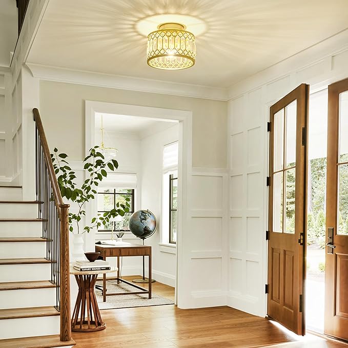 Crystal Ceiling Light, Modern Semi Flush Mount Ceiling Light, Gold Crystal Chandelier for Kitchen Bedroom Bathroom Entryway (Bulb not Included)