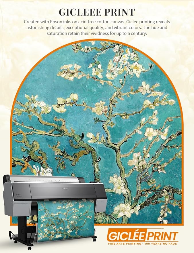 DECORARTS - Almond Blossom Tree, Vincent Van Gogh Art, Silver Solid Wood Frame, Giclee Print on Canvas. Frame Art for Elegant Home Decor. Framed Size: 34.5x28.5