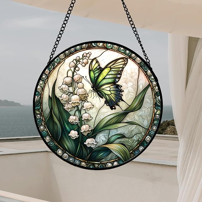 Stained Glass Window Hanging, Lily of The Valley Flower Butterfly Suncatcher for Doors Home Sun Catchers Decoration and Christmas, Mother's Day Birthday Gifts for Women, Men, Mom 14.9x14.9 in