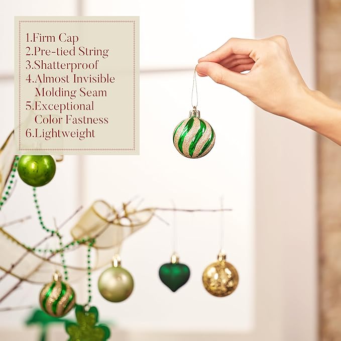 Valery Madelyn 28ct St. Patrick's Tree Decorations Ornaments Set, Green and Gold Shatterproof St. Patrick's Ball Ornaments Hanging Decor for Valentines Day, Mardi Gras, St Patricks Day