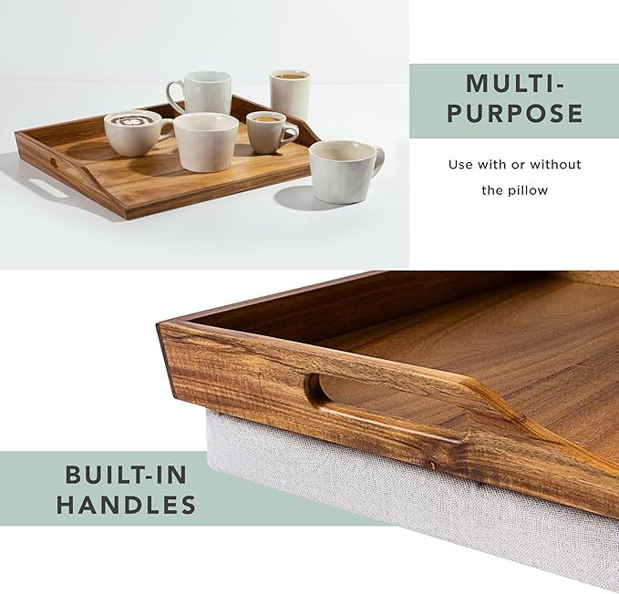 ROSSIE HOME Acacia Wood Bed Tray, Lap Desk - Set of Two - with Hyacinth Storage Basket - Natural - Fits up to 15.6 Inch Laptops - Style No. 70106