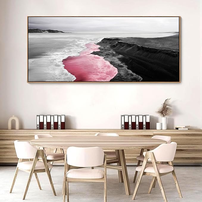 Extra Large Pink Coastal Wall Art - Beach Canvas Wall Decor Black and White Picture for Living Room Bedroom Framed Artwork Ocean Pictures Seascape Painting bedroom Decoration Above Bed Size 70×31Inchs