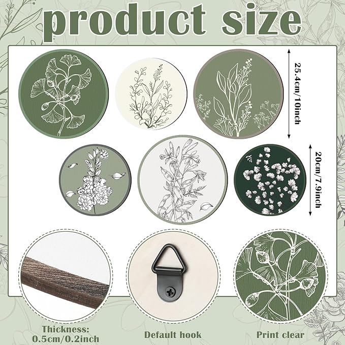 Barydat 6 Pieces Boho Plant Wall Art Decor Wooden Boho Farmhouse Rustic Bohemian Wall Hanging for Bedroom Living Room Office(Greenery,8 Inch, 10 Inch)