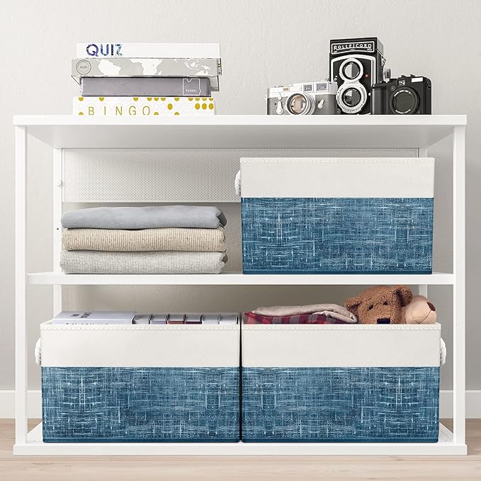 Fab totes Storage Bins [3-Pack], Foldable Storage Baskets for Organizing Toys, Books, Shelves, Closet, Large Storage Box with Rope Handles, Sturdy Organizer Bins, White & Blue