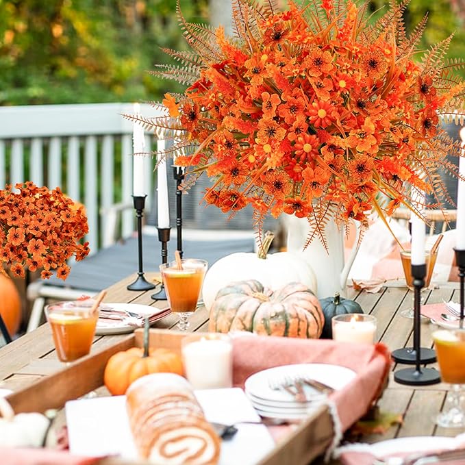 24 Pcs Artificial Fake Fall Flowers UV Resistant Faux Orange Mums Plants Arrangement for Outdoors Home Garden Window Porch Decor