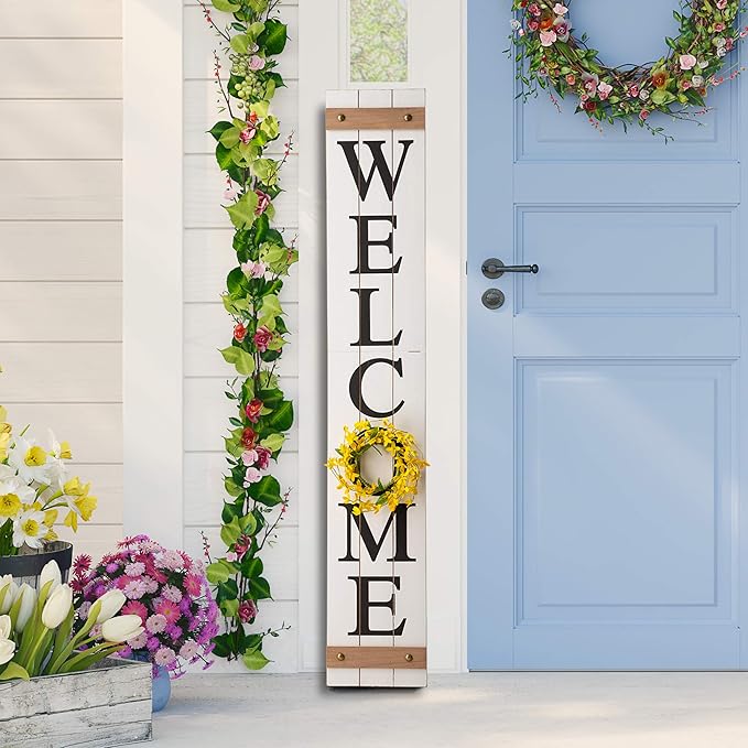 Glitzhome Welcome Sign with 4 Interchangeable Floral Wreaths for Front Door Porch, Farmhouse Wooden Hanging Wall Sign for Seasons Spring Fall Harvest Thanksgiving Christmas, 60”H, White